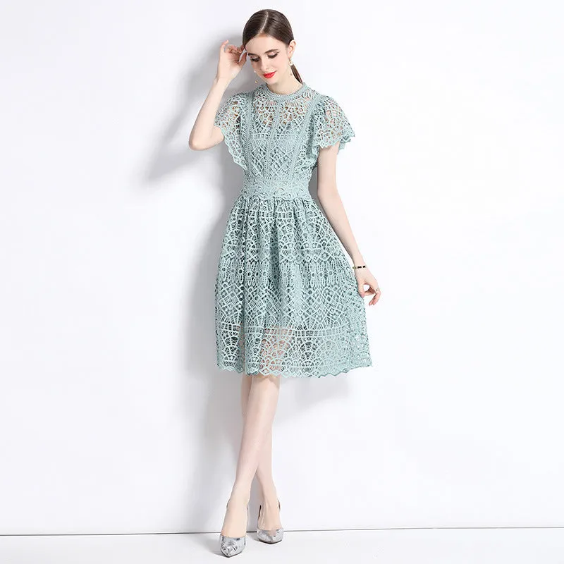 Diynav Summer New French Elegant Water-Soluble Lace Hook Hollow Flying Sleeve Temperament Waist Dress Dress Woman