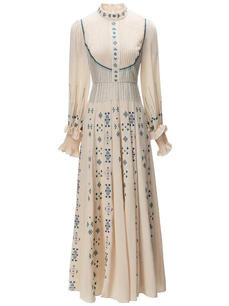 Diynav Industry Embroidered Collar Retro Lantern Long-Sleeved Apricot Dress Dress Women's New Spring And Summer 2024