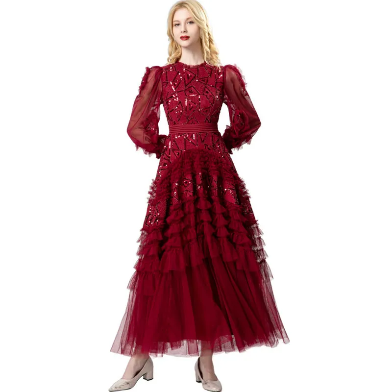 Diynav Industry Glide Round Collar Cascade Lantern Sleeves Big Wine Red Dress Women's New Autumn 2025