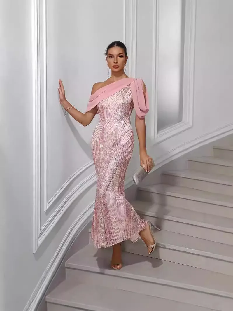 Diynav Hot New Women's Dress Single-Shoulder Chiffon Splicing Squint Dress Party Dress