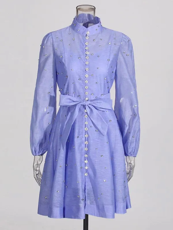 Diynav Early Autumn Silk Taut Feeling High Collar Design Heavy Industry Nail Drill Long Sleeve Buckle Lantern Sleeve Dress Shows Temperament