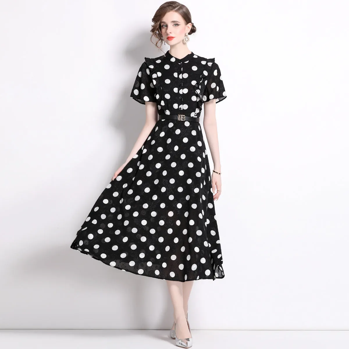 Diynav Lotle Leaf Short-Sleeved Single Buckle Tidling With Belt Dot Wave Point Princess Wind Swing Dress 2024 Summer New
