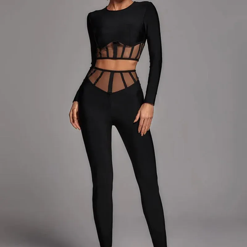 Diynav Long-Sleeved Round-Neck Two-Piece Set Mesh Yarn Hollow High-Waisted Trousers Burst Banding Dress Factory