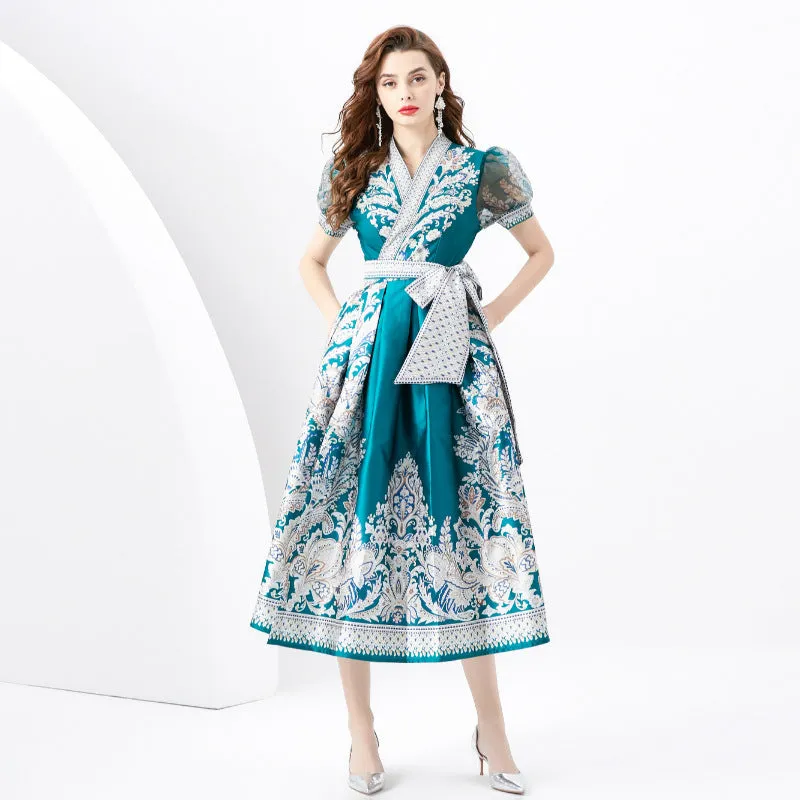 Diynav Retro Court Dress Design Printing Lantern Sleeves Long Swing Temperament Dress Spring Dress