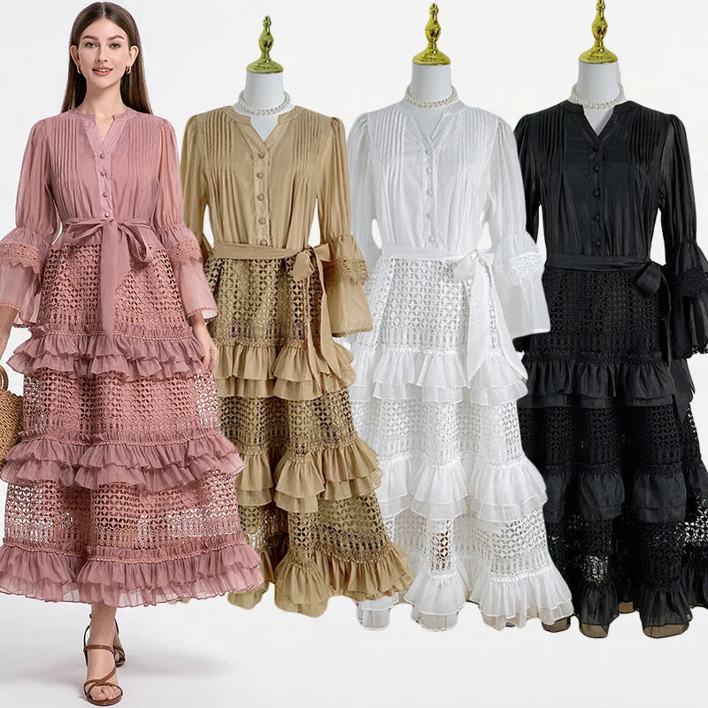 Diynav Retro Court Hollow Lace Splicing Horn Sleeve Dress Female Waist Temperament Over Knee Cake Long Skirt