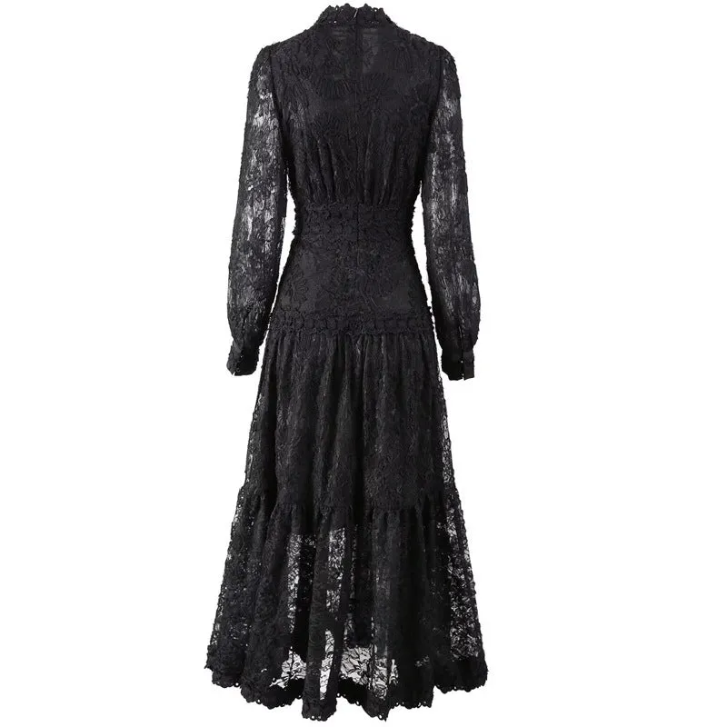 Diynav V-Neck Lace Lace Hook Long-Sleeved Black Swing Dress Dress Dress Stand Girl Spring And Autumn 2025