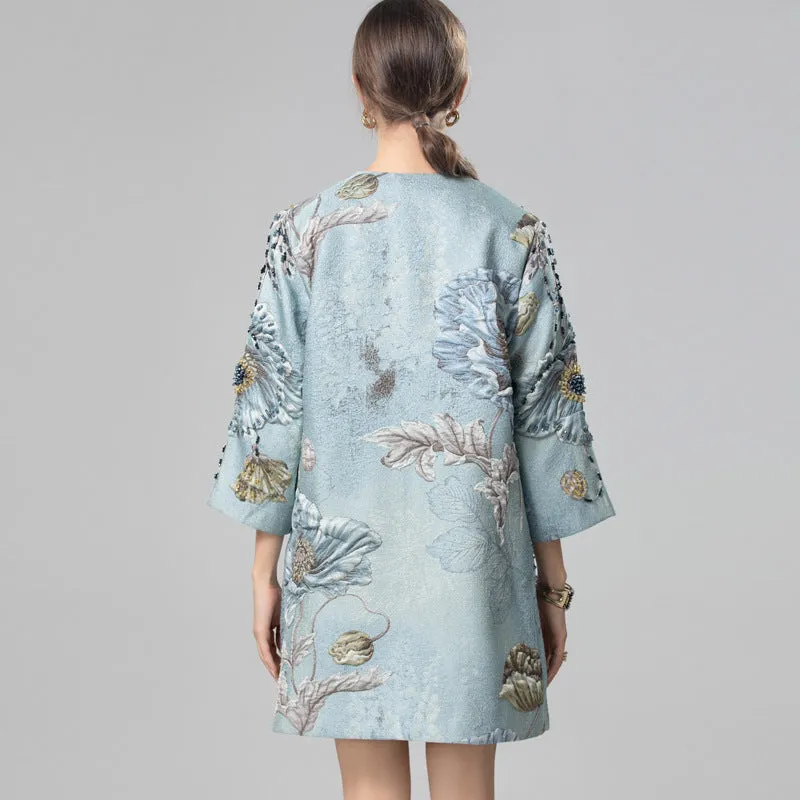 Diynav Lady Temperament Heavy Industry Nail Ball Collar Seven-Sleeved Blue Coat Top Station Women's Autumn Winter 2024