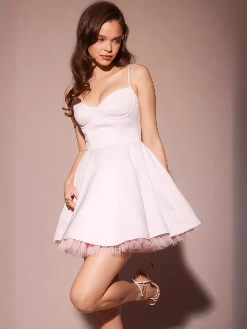 Diynav Women's Summer New Sexy Sling Wrapped Breast Fluffy Dress High-End Temperament Mesh Lined Dress