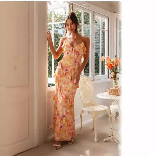 Diynav Summer New Women's Clothing Laminated V-Neck Lotus Leaf-Side Dress