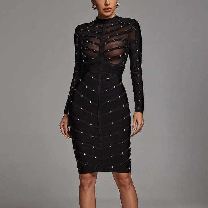 Diynav Women's Clothing Heavy Industry Nail Perspective Mesh Long-Sleeved Dress Banded Dress Burst