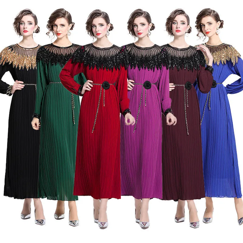 Diynav Women's Clothing 2024 New Heavy Industry Nail Polish Shiny Dress Temperament Lantern Sleeve Pressure Laminated Long Dress