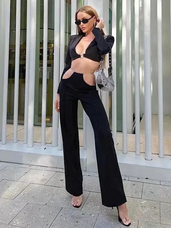 Diynav Women's Black Fashion Suit Women's Feeling Small Suit Short Top Chain Belt Casual Trousers Two-Piece Set