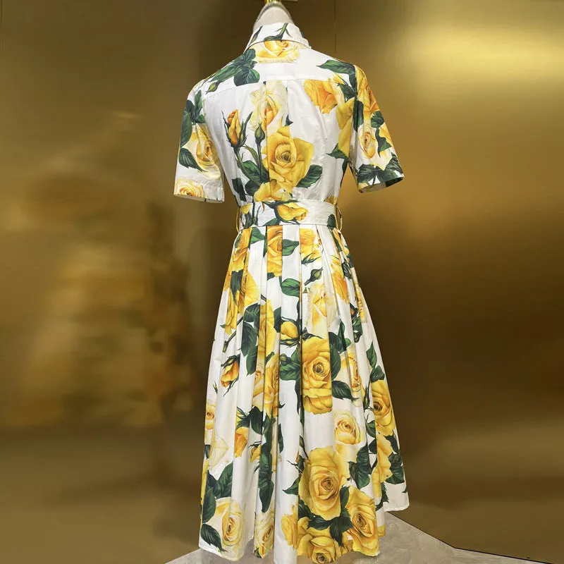 Diynav Rose Print Short Sleeve Single Buckle With Waist Cotton Dress Spring And Summer Women's New 2024