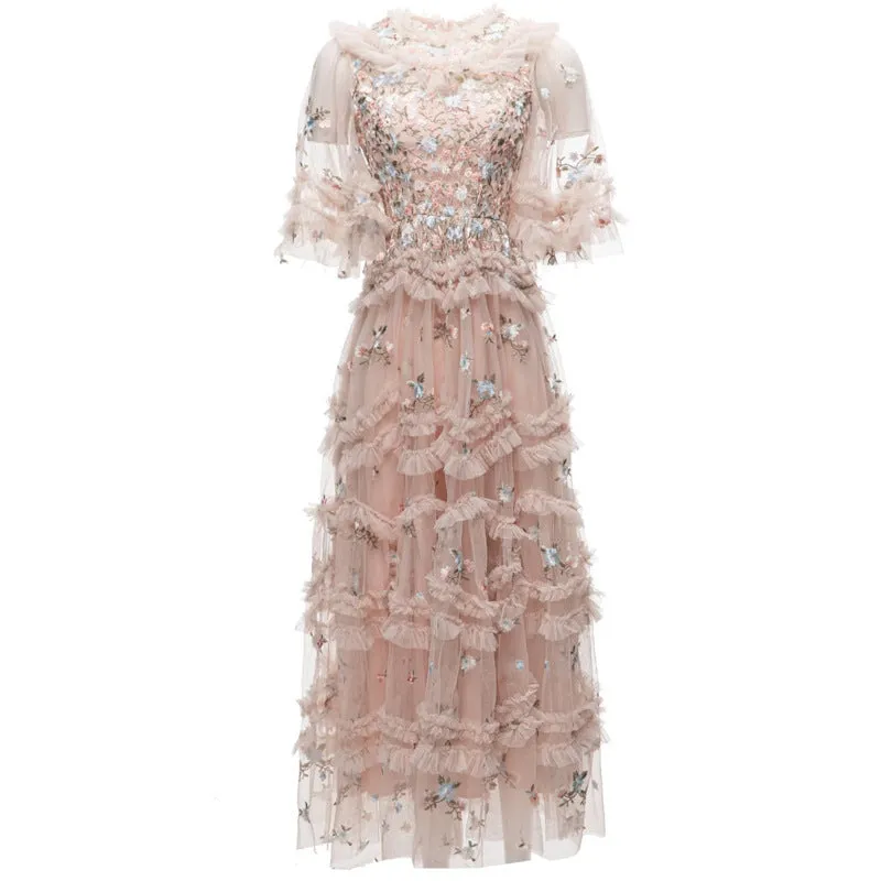 Diynav Industry Embroidered Short Sleeve Splicing Round Collar Lotus Leaf Side Long Dress Dress Autumn And Winter Women's Dress New