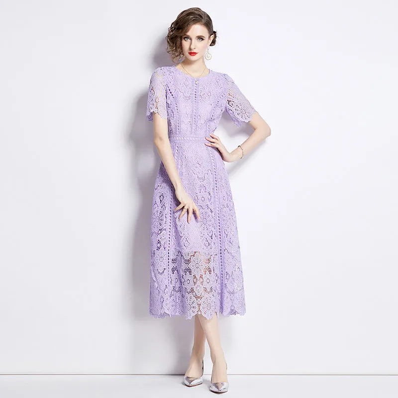 Diynav Dress New Short-Sleeved Lace Dress Women's Long-Singed Flower Hollow Purple High-Waist Aa Skirt Thin