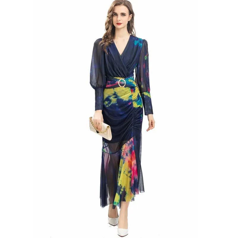Diynav V-Neck Long-Sleeved Elegant Print Irregular Fishtail Dress Dress Women's Autumn New 2025