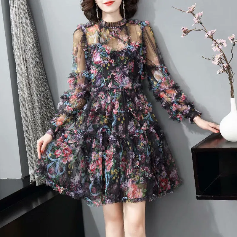 Diynav Collar Long-Sleeved Print Lotus Leaf Side Black Dress Fashion Holiday Style New Women's Spring And Summer 2025