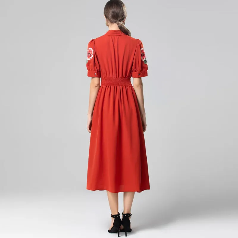 Diynav Industry Embroidered Flower Lily Collar Short Sleeve Tie Tight Waist High Dress Station Spring And Summer Woman 2025