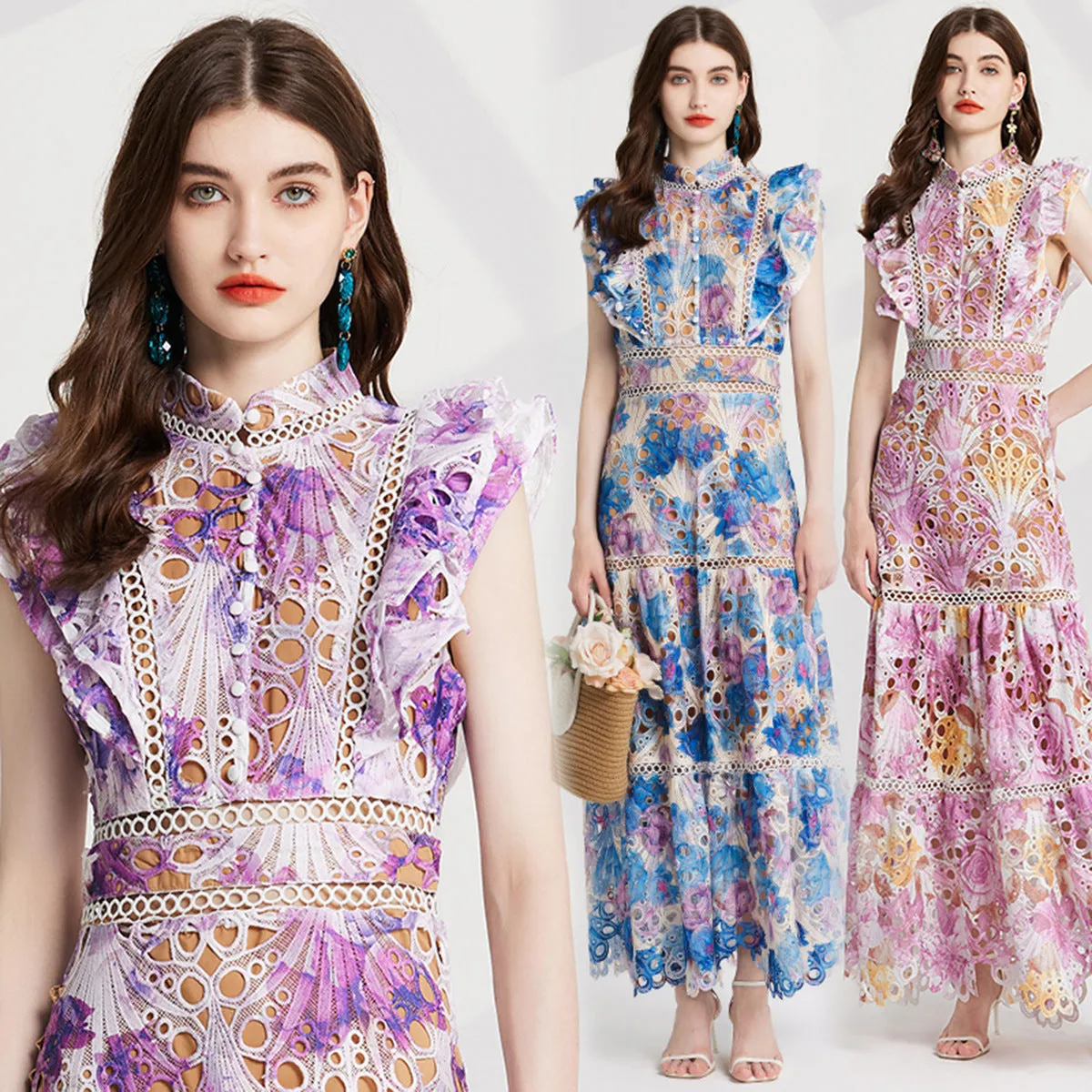 Diynav Asia Holiday Style Color Printing Embroidery Collar Dress Flying Sleeves Loaf Side Waist Dress