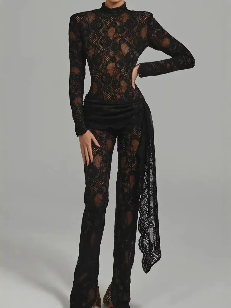 Diynav Burst New Hot Babes Sexy Lace Hollow Horn Sleeves To Repair Jumpsuit Jumpsuit Woman