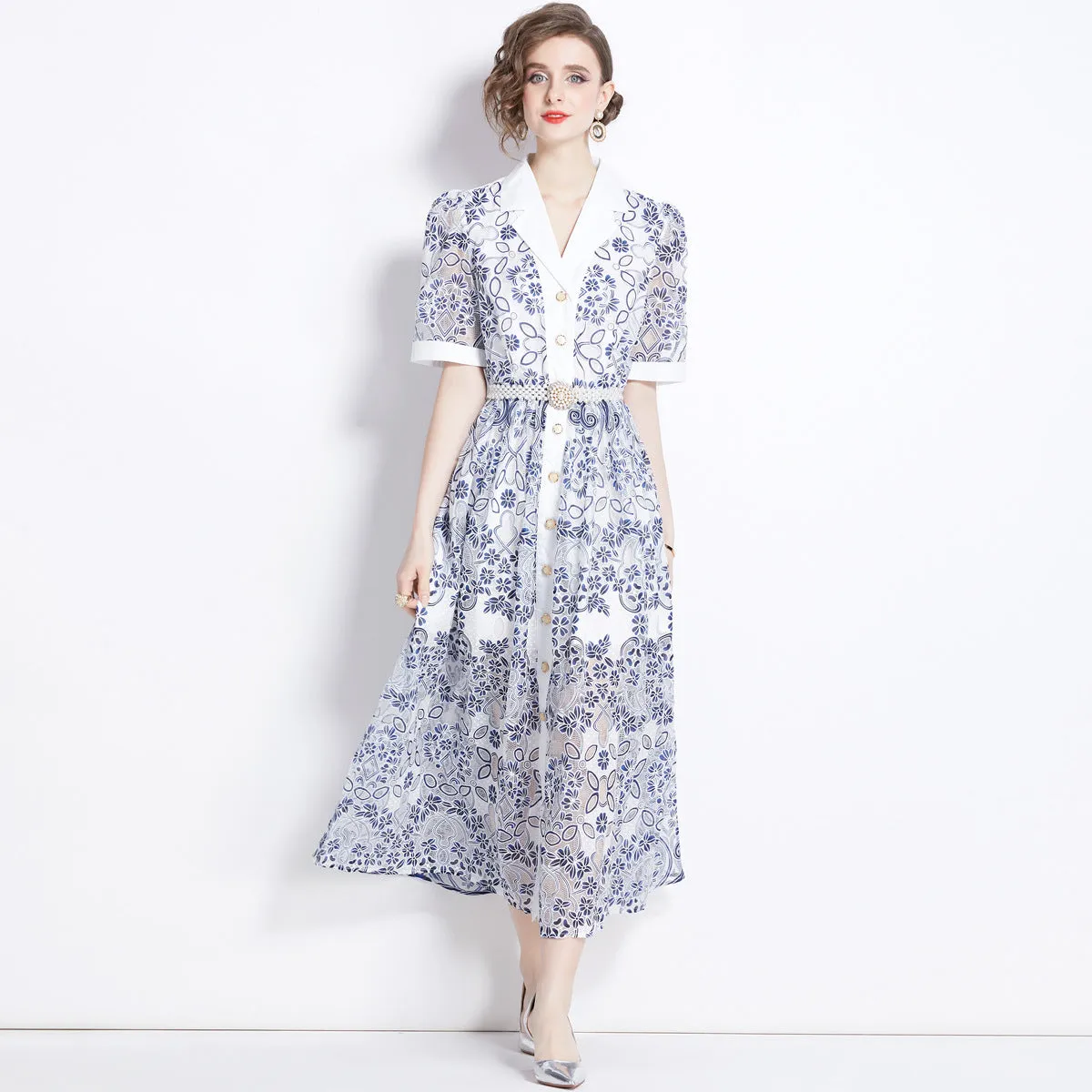Diynav Summer Collar Short-Sleeved Belt-Recely Blue Print Hollow Lace Retro Dress