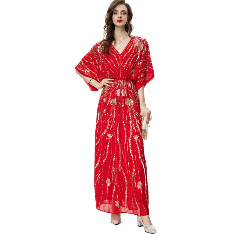 Diynav Industry Lienu Embroidered Nail Pearl Bat Sleeve Red Packed Buffet Long Dress Dress Summer Autumn Women's Dress 2024