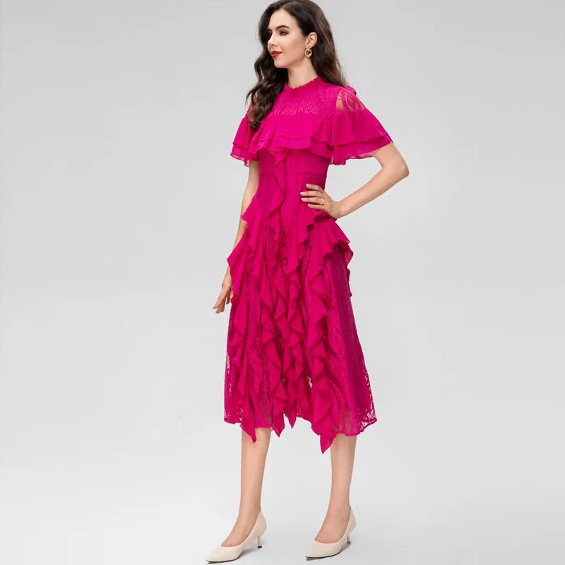 Diynav Collar Short-Sleeved Heavyweight Hook Flower Stacked Lotus Leaf Lace Blue Dress Women's New Spring And Summer 2025