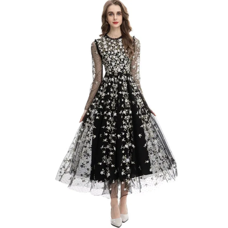 Diynav Industry Embroidery Flower Long Sleeve Mesh Perspective To Close The Waist Swing Dress Dress Dress New Women's Dress Spring And Summer 2024