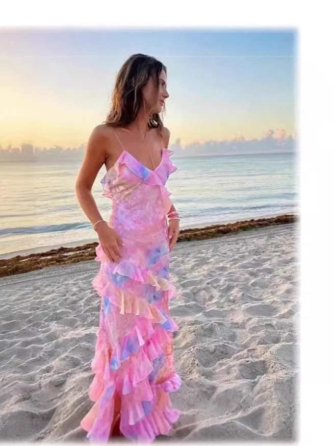 Diynav Women's Fashion Print Sexy Sling With Bare Back Strap Irregular Dress Trend Dress