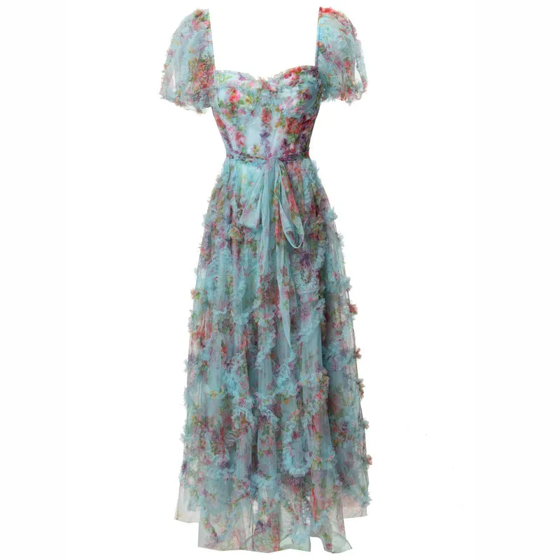 Diynav Square Collar Bubble Sleeves To Collect Waist Long Print Lotus Leaf Side Blue Dress Summer Women's New 2024