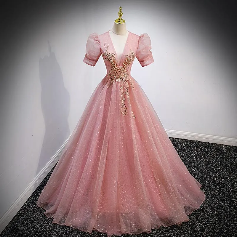 Diynav Evening Dress Dress Female Solid Color Host V Lead French Princess Vocal Art Test Solo Performance Dress Pink