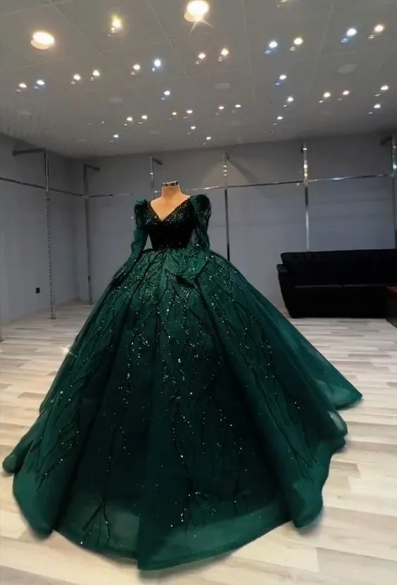 Diynav Green Long Sleeves Ball Gown,Green Sweet 16 Dress HZ1017