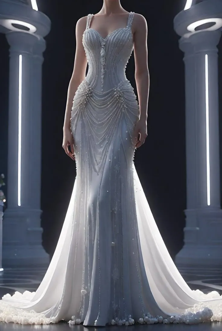 Diynav White Chiffon Beaded Pearls Mermaid Evening Dress Wedding Dress,Long Prom Dress HZ1017