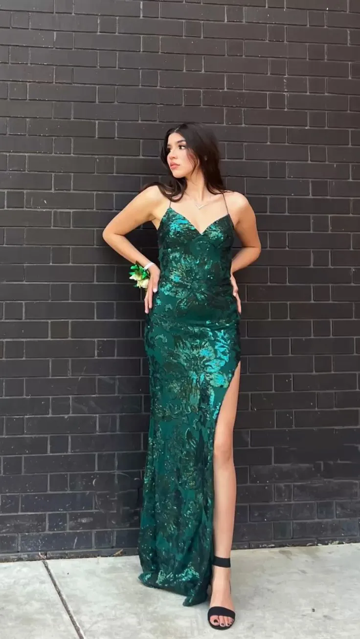 Diynav Emerald Green Sheath Prom Dress With Slit Backless Evening Dress HZ1017