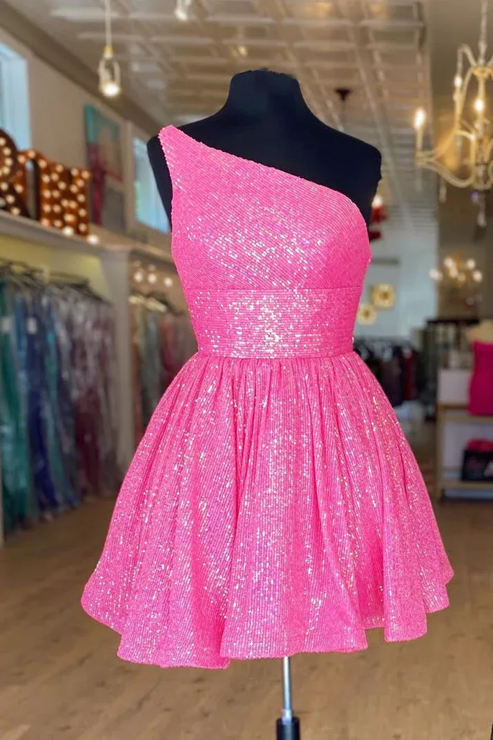 Diynav Pink One Shoulder A Line Short Homecoming Dress Sequins HZ1017