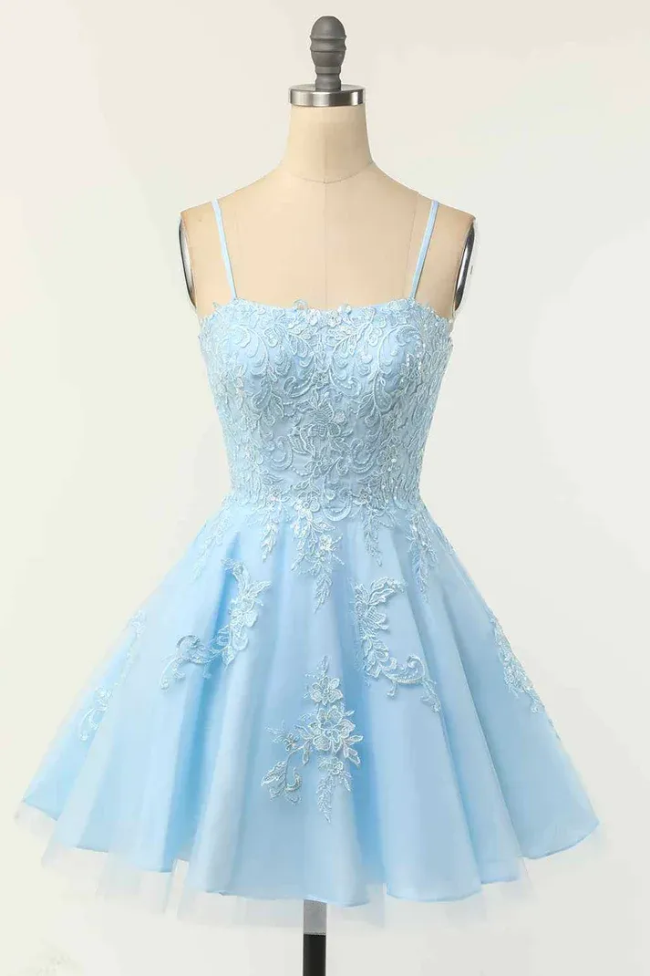 Diynav Blue A-line Spaghetti Straps Lace-Up Back Applique Mini Homecoming Dress HZ1017