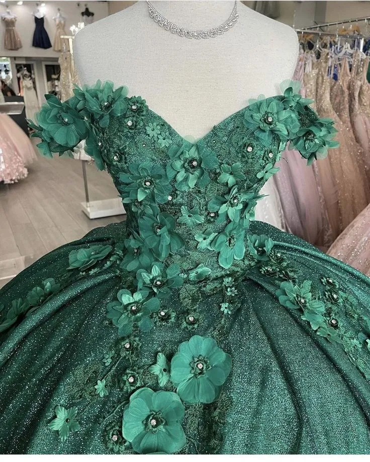 Diynav The Shoulder Green Ball Gown With Flowers Sweet 16 Dress HZ1017