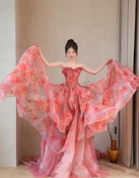 Diynav Strapless Tulle Print Floral Wedding Dress,Formal Prom Evening Dress HZ1017