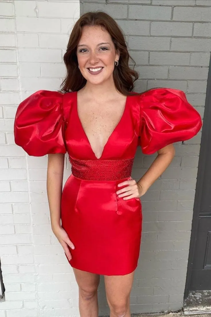 Diynav Satin Homecoming Dress with Puff Sleeves,Red Party Dress HZ1017