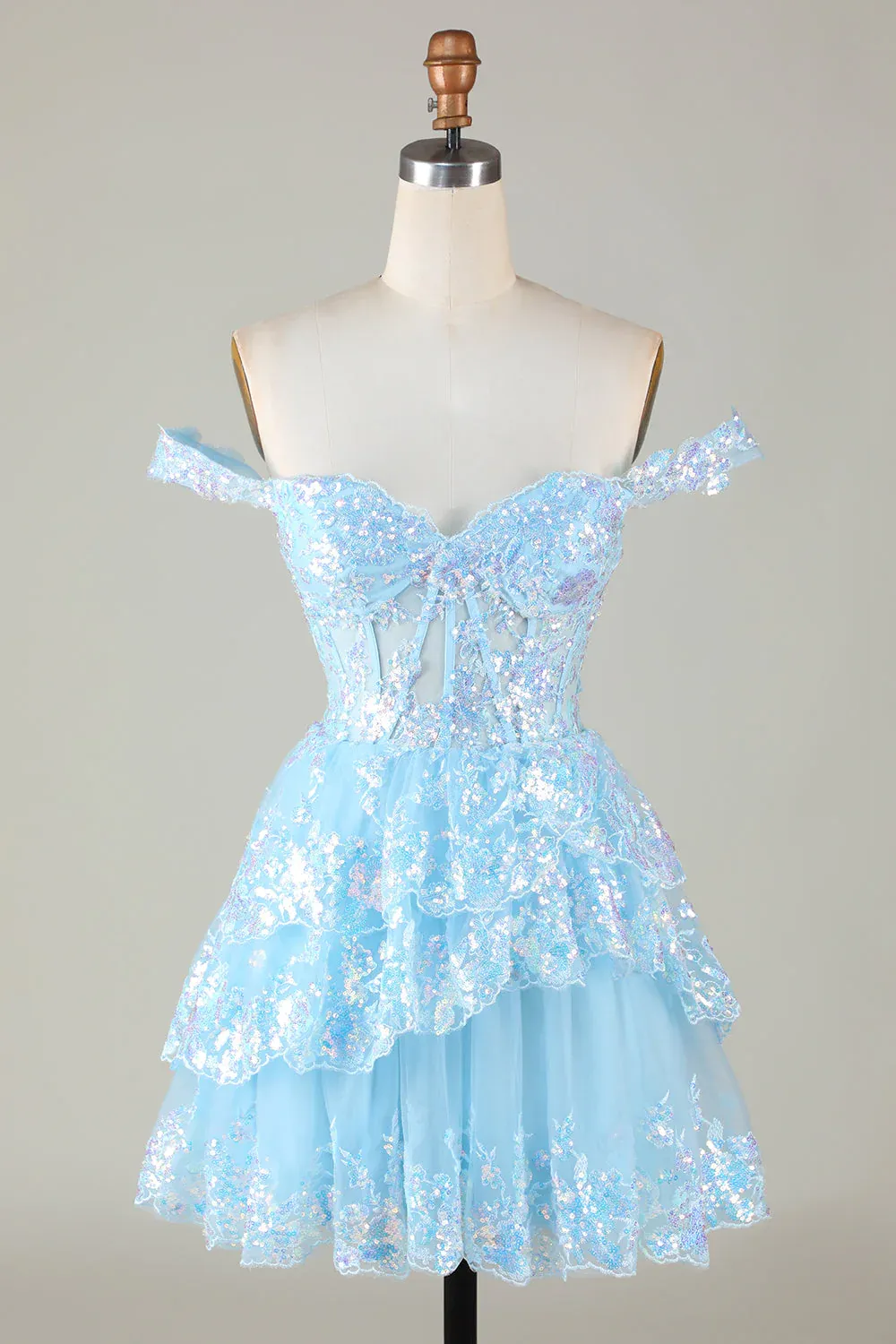 Diynav Blue Corset Tiered Lace A-Line Short Homecoming Dress HZ1017