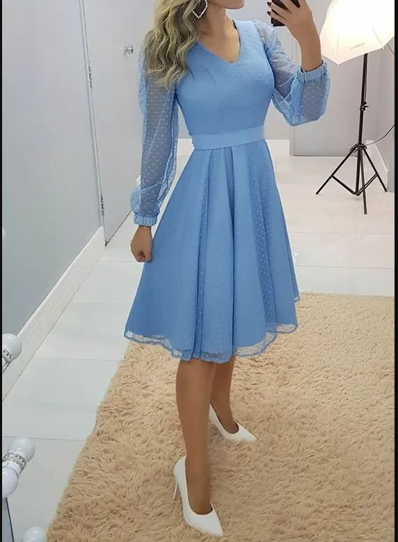 Diynav Blue Long Sleeves Party Dress Blue Homecoming Dress HZ1017
