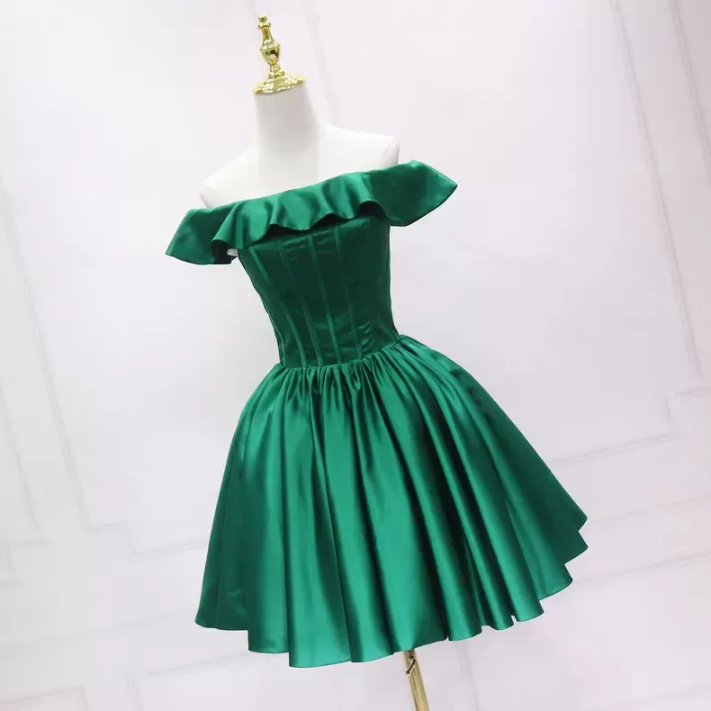 Diynav Green Satin Homecoming Dress Rufflues Neckline HZ1017