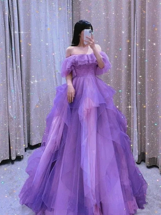 Diynav The Shoulder Purple A-line Tulle Evening Dress,Princess Dress HZ1017