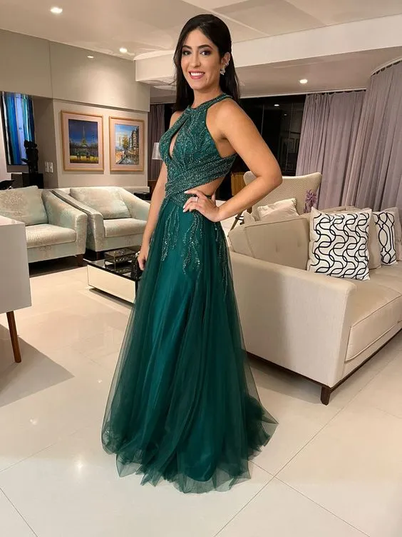 Diynav A-line Tulle Evening Dress,Green Prom Gown HZ1017
