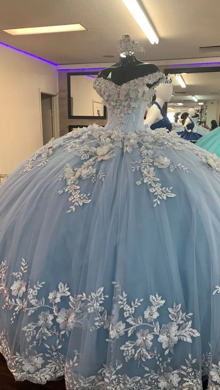 Diynav Blue Princess Prom Dress Tulle Appliques Ball Gown Quinceanera Dress HZ1017