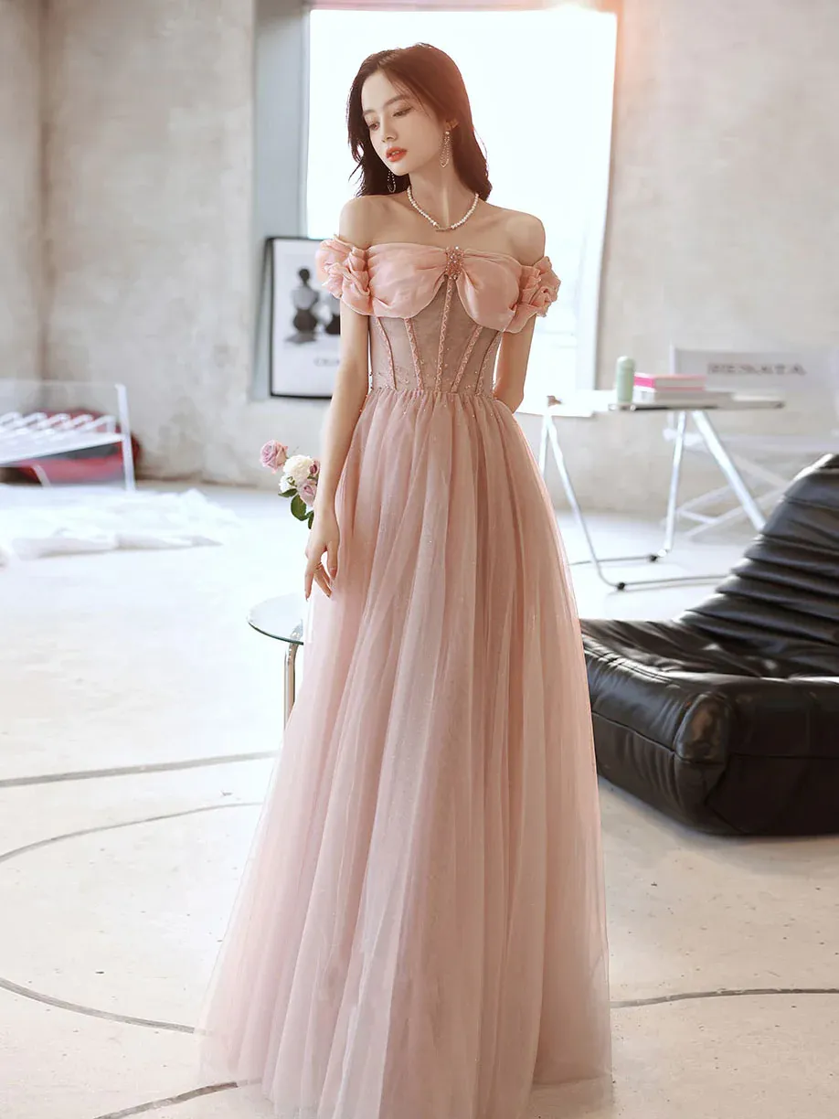 Diynav Sweetheart Neck Tulle Beads Long Prom Dress, Pink Evening HZ1017 - Image 2