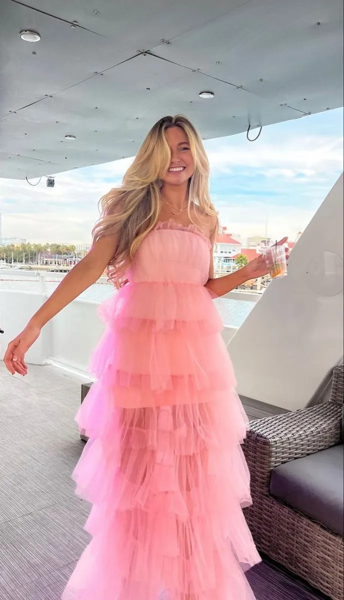 Diynav Pink Tulle Layered Long Prom Dress,Pink Evening Dress HZ1017 - Image 2