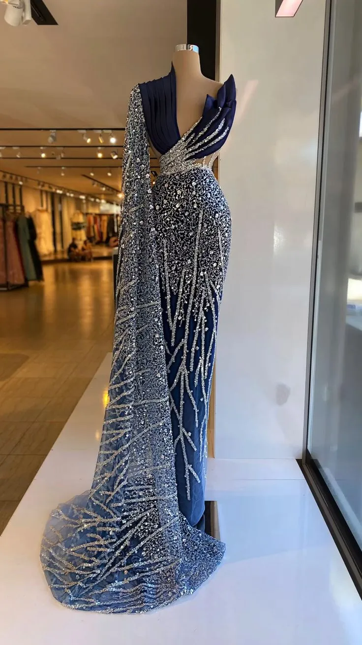 Diynav Blue One Shoulder Evening Dresses V Neck Prom Gowns Custom Made Sequin Sparkly Formal Party Dresses HZ1017