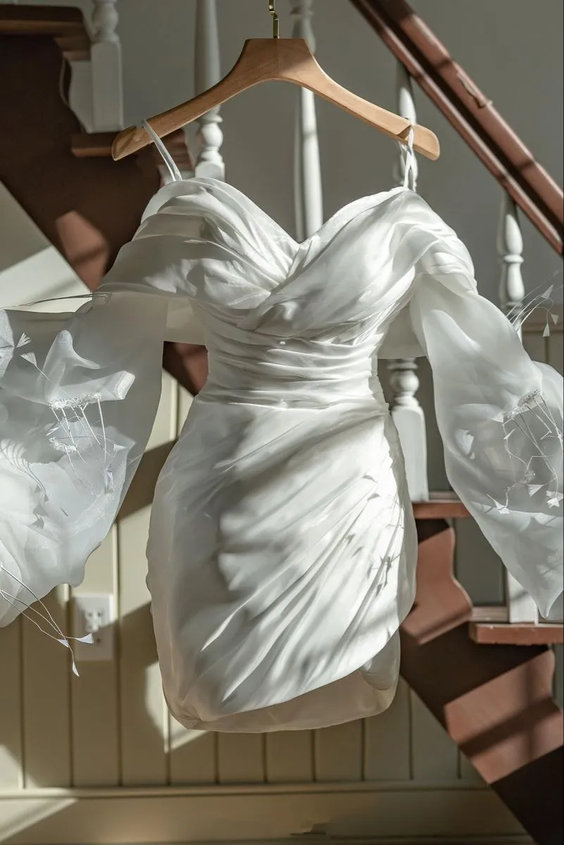 Diynav Long Sleeves Homecoming Dress with Pleated,White Graduation HZ1017