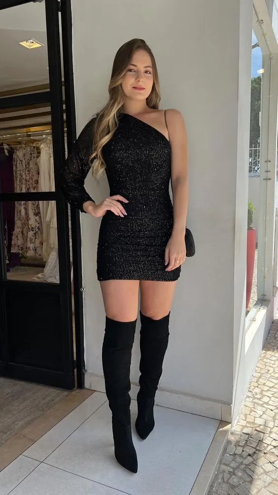 Diynav Tight One Shoulder Sequins Homecoming Dress HZ1017